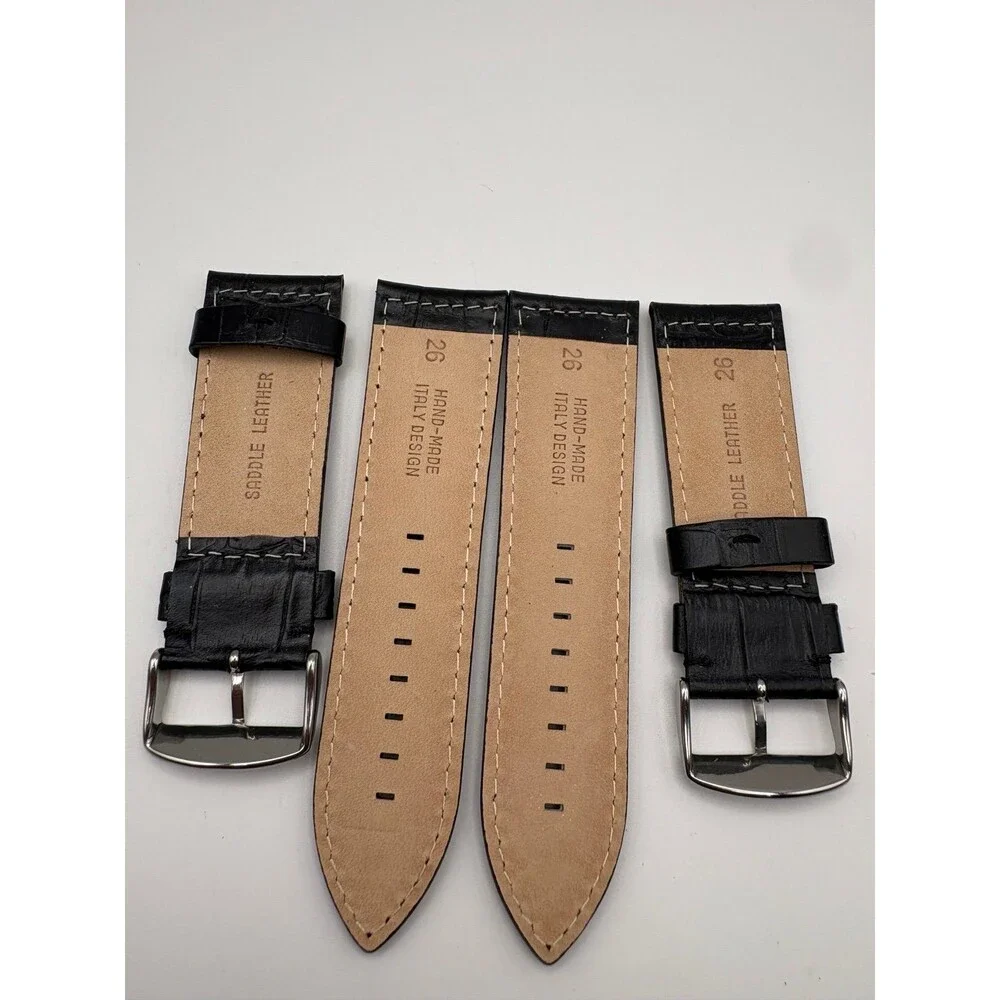 2x pairs of 26mm Black Crocodile Grain Saddle Leather Watch Strap - Italy Design